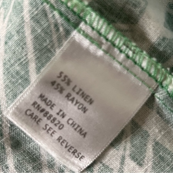 Panama Jack Green White Linen Blend Tropical Palm Print Short Sleeve Top Small - Picture 6 of 7